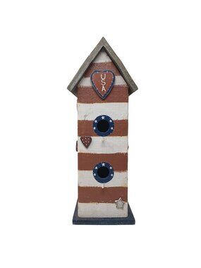Patriotic Wood Birdhouse USA Heart Star Accents Red White Blue Rustic 16" T #SB